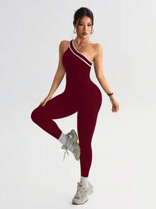 Gameset SHEIN Sport 女士无缝酒红色连体衣，不对称肩部设计，柔软舒适，适合运动、跑步、休闲、瑜伽等场合。 - 酒紅色 - 查看 7