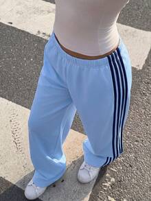 Muchica Light Blue Plus Size Casual Pants With Side Stripe - Baby Blue - View 5