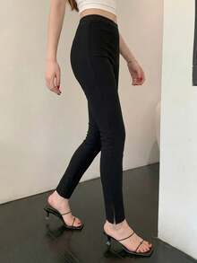 DAZY 女款素色通勤休閒緊身開衩長褲校園風 - 黑色 - 查看 2