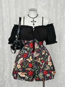 Sunspun Plus Size Floral & Butterfly Print Patchwork Off-Shoulder Jumpsuit - Multicolor - View 1