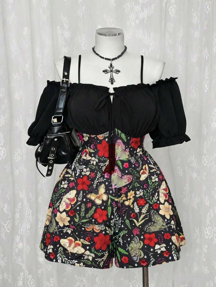 Sunspun Plus Size Floral & Butterfly Print Patchwork Off-Shoulder Jumpsuit - Multicolor - View 1
