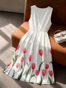 GlowEve CURVE Vestido Casual Elegante Feminino Plus Size com Estampa Floral Romântica e Cinto, Adequado para Passeios, Encontros, Uso Diário na Primavera/Verão e Férias - Multicolorido - Visão 2