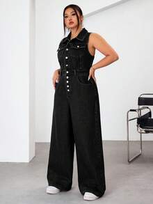 SHEIN EZwear 大码女式纽扣口袋时尚百搭宽松牛仔连体裤 - 黑色 - 查看 4