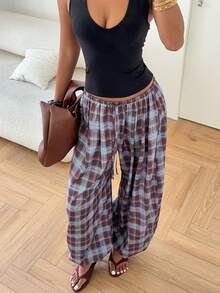 Aloruh Back To School Season Low Waist Tie Lantern Pants, Brown Checkered Plaid Casual Outerwear Back-To-School Graduation Summer - Multicolor - View 5