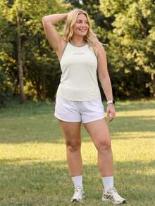 In My Nature Plus Size Women's Casual Comfortable Pastel Contrast Color Trim Sleeveless Round Neck Athletic Sports Tank Top For Hike Summer - Apricot - View 7