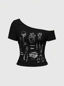ROMWE Grunge Punk Gothic Dark Mysterious Dinnerware Sexy Asymmetrical Shoulder T-Shirt For Women - Black - View 1