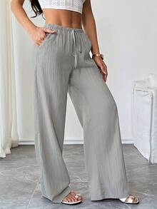 SHEIN Tall 女款打結斜口袋休閒長褲，紋理布料，腰部繫帶，適合高個女性 - 淺灰色 - 查看 4