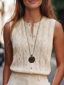 SHEIN Holidaya Women's Ivory Openwork Knit Vest,V-Neck Sleeveless Leaf Pattern Knit Summer Tops,Button Front Closure Ribbed Hem Trim,Granny,Mother Of Bride Style - Apricot - View 3