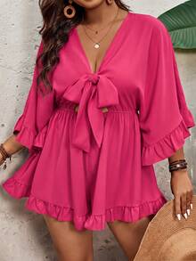 SHEIN VCAY Plus Size Holiday Solid Color Batwing Sleeve, Ruffle Hem, Tie Waist Jumpsuit Fall - Hot Pink - View 4