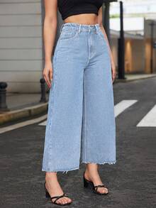 SHEIN ICON 大码女式休闲毛边直筒牛仔裤 - 淺色水洗藍 - 查看 6