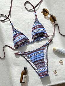 Swim Vcay 女士新款条纹随机印花挂脖系带休闲沙滩比基尼泳装两件套，春夏款，条纹比基尼套装，女士比基尼套装 - 彩色 - 查看 3
