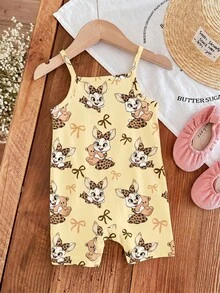 [RANDOM 4 PCS SEND 1 Pc] Pink Summer Cute Baby Girl Casual Strap Romper,Vintage Leopard Bow Cartoon Rabbit Graphic,Family Matching Korean Style Y2K - Multicolor - View 7