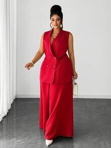 Maweii Plus Size Women Casual Elegant Blazer Jacket And Wide Leg Pants Suit, Suitable For Work Commute, Autumn/Winter - Red - View 4