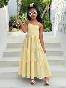 Tween Girls' Vacation Casual Ruffled Strap Backless Bowknot Dress, Summer Beach Holiday Dress Yellow, Vacation, Bow - Multicolor - View 4