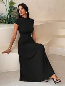 SHEIN Tall Women's Solid Color Stand Collar Puffed Sleeve Pleated Long Casual Dress, Summer Brown Dress,Dresses For Women Summer, Tall Women - Black - View 4
