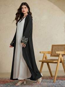 Al Najma Áo Abaya dài tay thanh lịch thêu hoa dành cho nữ - màu đen - Xem 3