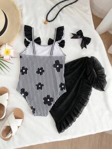 SHEIN Bộ đồ bơi một mảnh họa tiết hoa dễ thương kèm váy cho bé gái - Nhiều màu - Xem 2