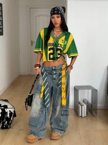 Coolane 女士夏季运动服基础款 Y2K 数字图案撞色蕾丝 V 领针织宽松 T 恤 - 彩色 - 查看 7