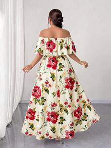 Elenzga Plus Size Women's Beige Summer Boho Vacation Wedding Guest Holiday Floral Print Off-Shoulder Ruffle Waist Pleated Maxi Dress For Dates - Multicolor - View 2