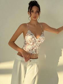 Aloruh Women's Floral Decor Sequin Design Fashion Camisole Top,Summer Top - Apricot - View 6