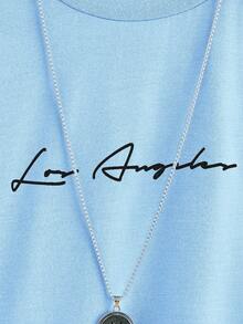 SHEIN Tween Boys' Casual Fashionable Street Style Slogan Print Short Sleeve T-Shirt, Daily Wear - Baby Blue - View 3