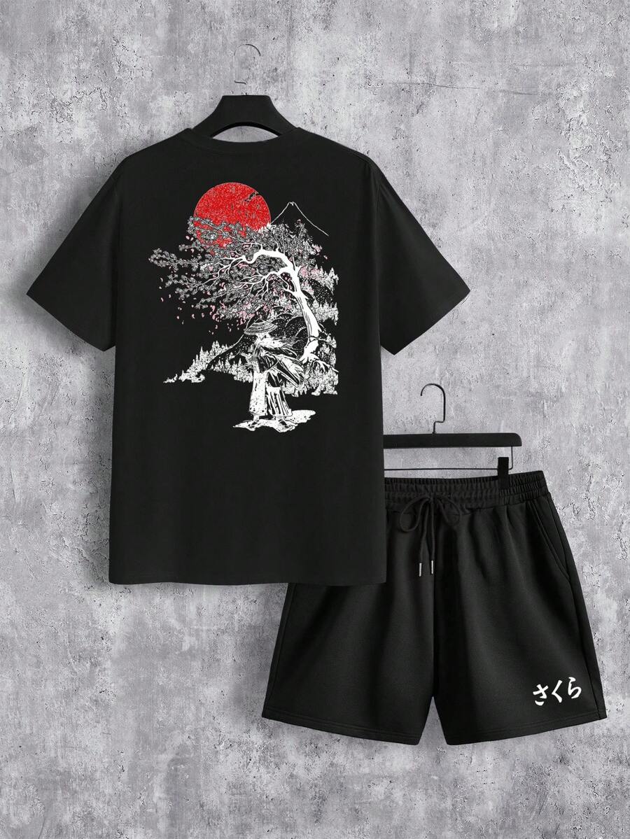 Manfinity Homme Men's Standard Size Black Tree Branch Print Short Sleeve T-Shirt And Shorts Set, Holiday - Black - View 1