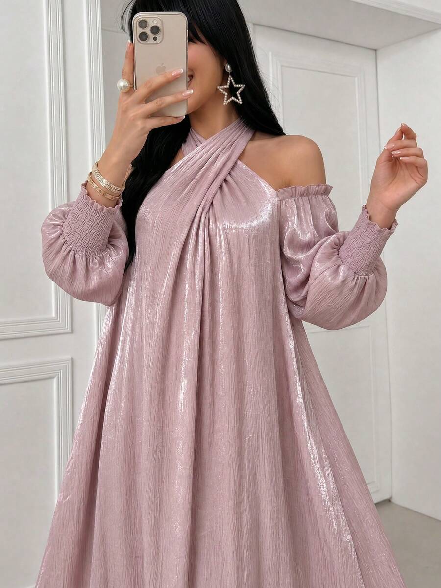 Yasmyna Đầm dài tay màu hồng kiểu dáng chữ A, cổ yếm xoắn chéo, thanh lịch, lãng mạn phong cách Ả Rập dành cho nữ, thích hợp cho mùa xuân/hè. - Hồng - Xem 1