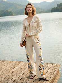 CAJUNI Áo khoác cardigan nữ màu trắng kem, buộc dây phía trước, ấm áp, thanh lịch, giản dị, lãng mạn. - Kem - Xem 3