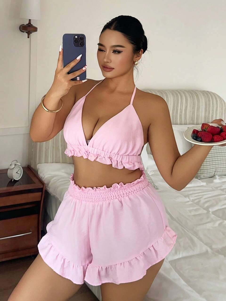 Dazy Plus Plus Size Women 2-Piece Sexy Solid Color Sleepwear Set, Includes Spaghetti Strap Crop Top And Ruffle Hem Shorts, Spring/Summer