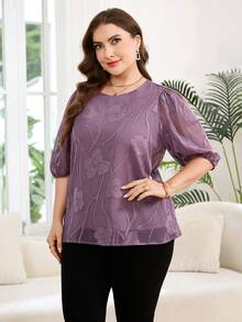 Reflora Plus Size Elegant Purple Summer Top,Formal Work Casual Solid Color Cutout Round Neck Blouse,Fashionable Sequin Sparkly Tops For Women - Purple - View 4