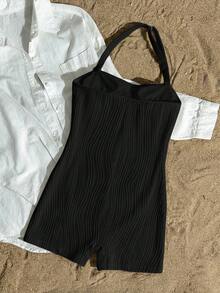 SHEIN Baju Renang Terusan Rajut Bertekstur Model Halter dengan Hiasan Bintang Laut Aprikot dan Logam untuk Liburan Pantai Kasual Remaja Perempuan, Pakaian Renang Minimalis Pas Badan - Hitam - View 2
