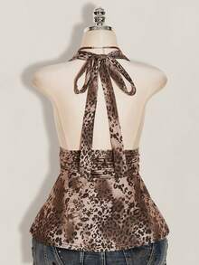 SHEIN ICON Plus Size Women's Chocolate Brown Summer 70's Leopard Print Top Y2K 80s 90s Retro Deep V Halter Neck Waist Gathered Loose Hem Night Brunch Party - Multicolor - View 2