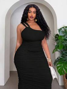 Slaydiva Women's Plus Size Elegant Black Summer Mid-Length Dress Formal Party Cocktail Date Night Evening Out Club Body-Hugging Side-Pleated Backless - Black - View 6