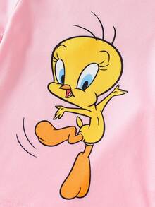 LOONEY TUNES X SHEIN GraphicGems 少女 Tweety Bird 圖案貼身短袖短褲睡衣套裝，春/夏 - 粉色 - 查看 4