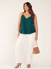 SHEIN BASICS Plus Size Solid Color Minimalist Camisole Top/Summer Cami Tops Green For Woman Women Top Curve Plain - Dark Green - View 4