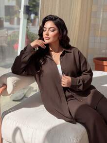 SHEIN Lady CURVE Western Style Beach Vacation Solid Color Denim Effect Linen Loose Casual Plus Size Women 2 Pieces Set, Spring/Autumn Lounge Sets For Women - Coffee Brown - View 6