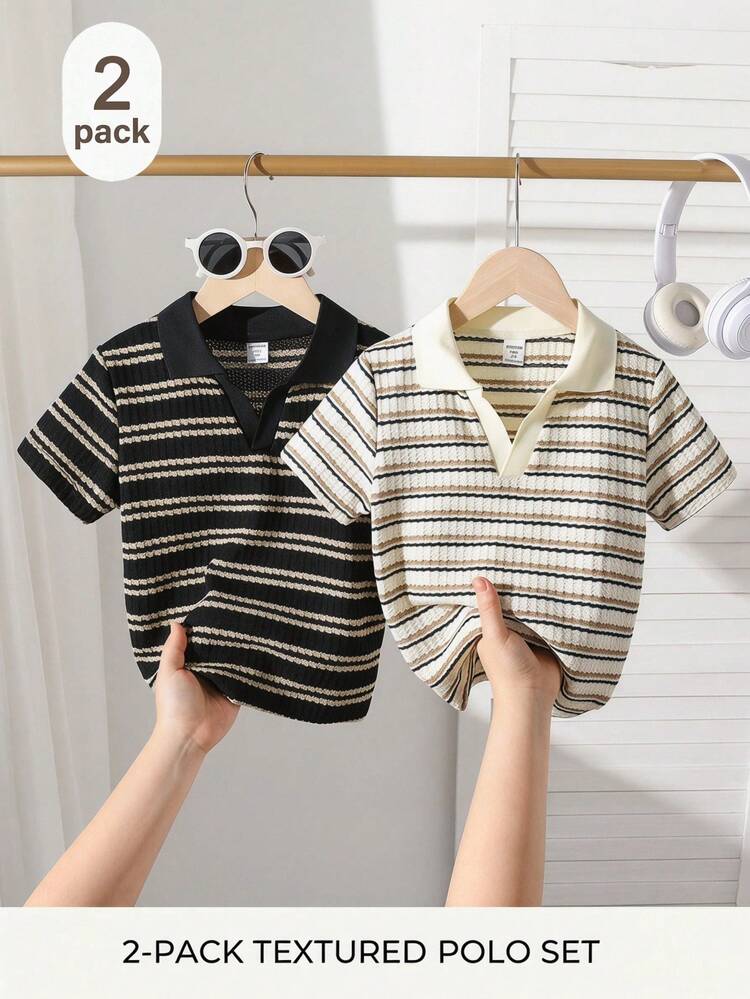 SHEIN Explorewe 2pcs/Set Young Boys' Casual Collegiate Waffle Stripe Knit V-Neck Polo Shirt,Back-To-School Summer 80s School Top For 4-7 Years Old Boys,Daily Wear - Multicolor - View 11