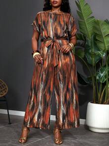 Reflora Plus Size Women Casual Knotted Waist Jumpsuit Palazzo Pants For Daily Wear - Multicolor - View 1