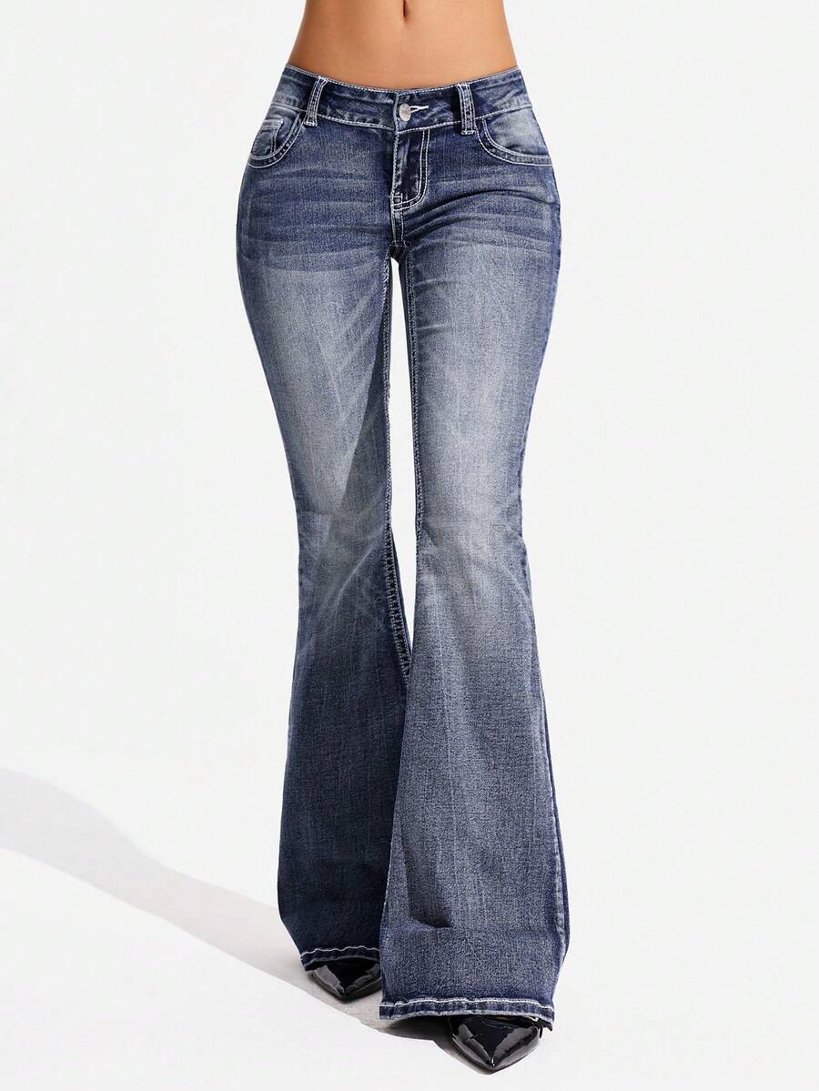 Jeanoix Quần jeans ống loe thời trang Y2K dành cho nữ cỡ lớn, đa năng. - Rửa tối - Xem 1