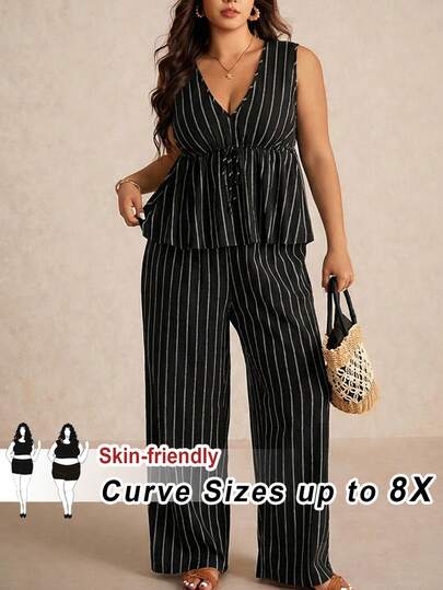 SHEIN CURVE+ Bộ đồ nữ cỡ lớn gồm áo tank top cổ chữ V kẻ sọc và quần dài, kiểu dáng thường ngày, gồm 2 món.