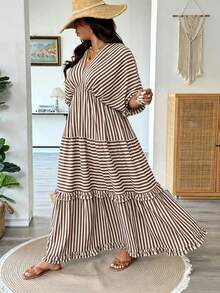 Vionelle Plus Size Women Elegant Boho White Ruffle Hem Dress, Spring/Summer Vacation - Khaki - View 4