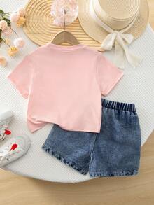 Conjunto de camiseta de manga corta con cuello redondo y estampado de mariposas + pantalones cortos vaqueros con cintura elástica y estampado de mariposas, estilo casual y dulce para uso diario de niñas - Rosa - Ver 3