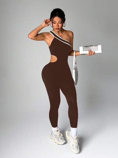 SHEIN Dewbera 1pc Brown Seamless Women's Jumpsuit, Asymmetrical Shoulder Crop Top, Soft & Comfortable Fit, Suitable For Workout, Running, Casual, Yoga