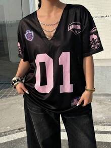 Muchica 大码女式V领短袖印花T恤，春夏款 - 彩色 - 查看 1