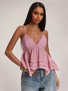 SHEIN BAE Women's Pastal Linen Fabric Lace Embroidery Patchwork Ruffle Strap Camisole,Summer Boho Sexy Vacation Beach Golf Top,Elegant Off-Shoulder Cute Blouse - Yellow - View 5