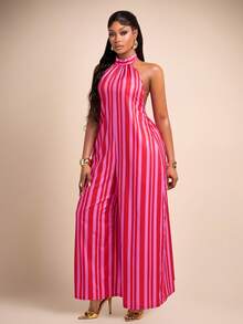 Brilight Women's Casual Pink Stripe Summer Flared One-Piece Pants,Daily-Style Contrast Neck-Length Vacation Outfit,Easter Oversized Party Big Sizes - Hot Pink - View 4