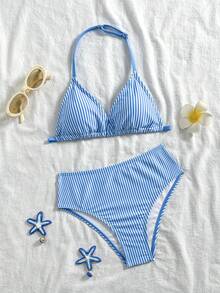 SHEIN Tween Girls Striped & Floral Print Tankini Swimsuit Set, Summer Holiday - Blue and White - View 1