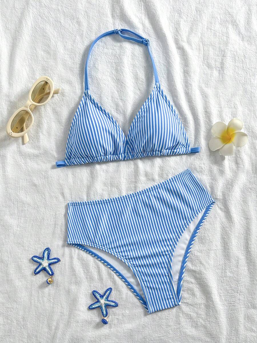 SHEIN Tween Girls Striped & Floral Print Tankini Swimsuit Set, Summer Holiday - Blue and White - View 1