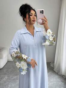 Yasmyna 女士优雅蕾丝拼接喇叭袖宽松阿拉伯风格连衣裙，适合春秋季穿着 - 淺藍色 - 查看 7