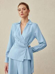 MOTF PREMIUM MINIMALIST ELEGANT LINEN WAIST METAL BUCKLE DECOR SHIRT, SPRING/SUMMER - Blue - View 4